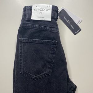 Long Straight Fit Jeans, Black Wash.